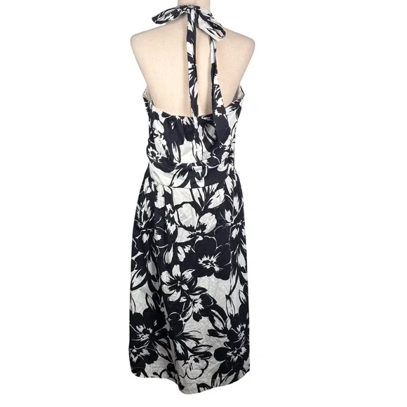 Boston Proper Halter Dress Women 14 Black White Floral Cotton Midi Summer Pocket - Picture 2 of 10